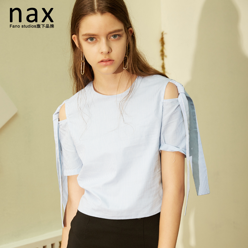 nax蓝色条纹t恤女2016夏季宽松圆领纯棉套头露肩绑带系带短袖上衣
