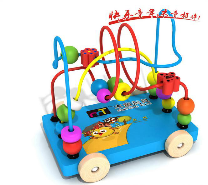 正品拖车绕珠婴幼儿教具益智积木木制初识玩具车健康环保安全
