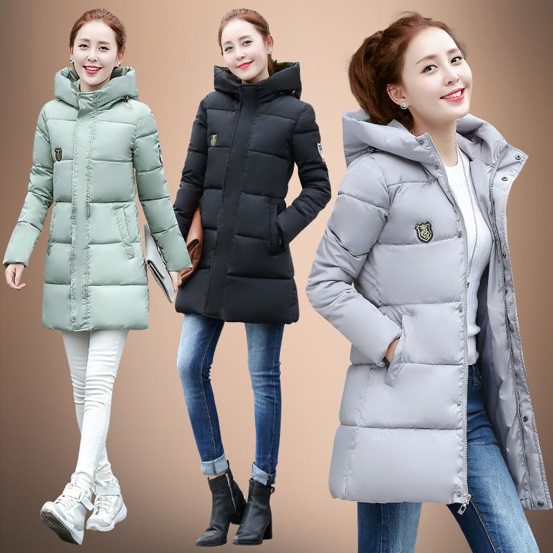 2016冬季新款韩版女装纯色时尚修身加厚长袖连帽中长款百搭羽绒服