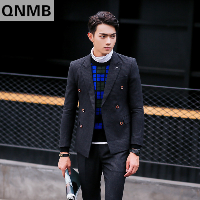 QNMB新款韩国潮流男装羊毛条子男士韩版潮男士修身小西装男外套