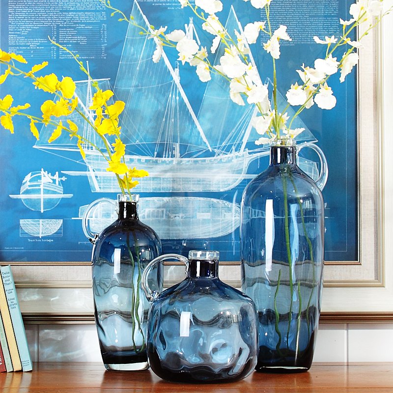 ☆人工吹制玻璃渐变蓝色高端装饰艺术花瓶可配仿真花D1006