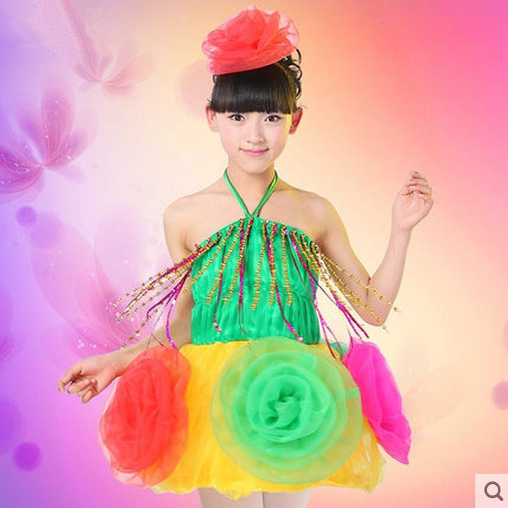 新款六一女童表演服装花朵幼儿园演出服少儿舞蹈服彩虹纱裙送头花