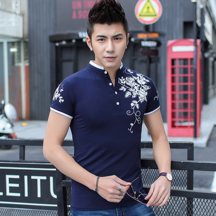 2016夏季新款韩版t恤印花潮流弹力打底衫男士短袖T恤男装立领体恤