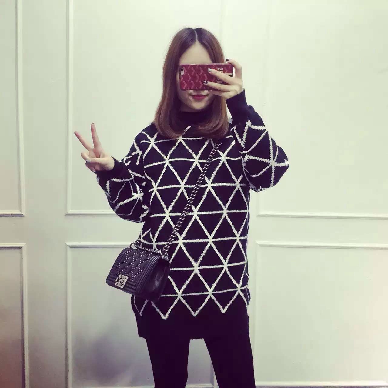 2015冬款韩版几何纹三角形中长款修身套头毛衣女
