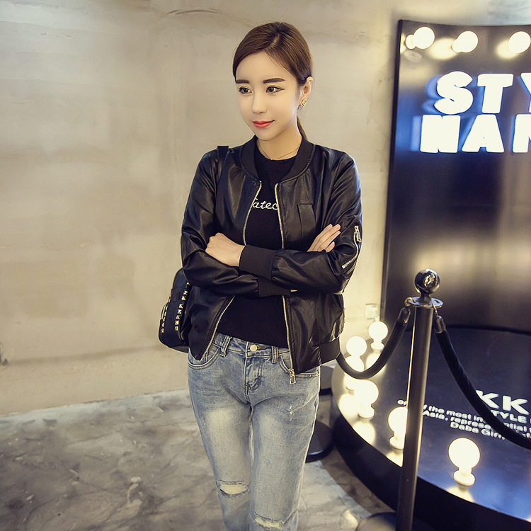 2016春新款韩版圆领黑色皮夹克长袖机车pu皮衣女短款修身外套