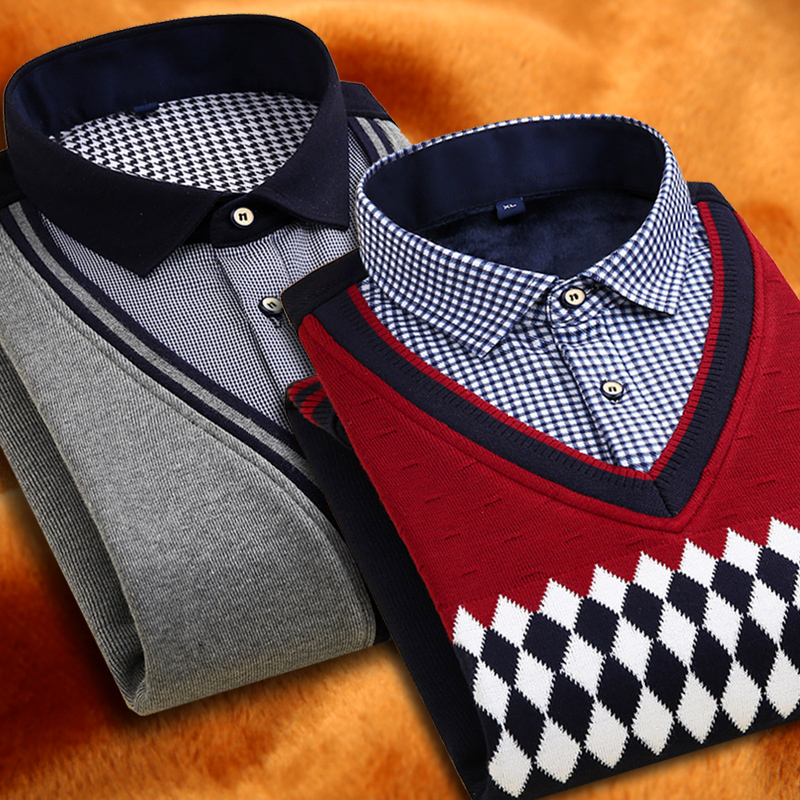 男士加绒保暖假两件毛衣套头针织衫冬季新款韩版修身休闲加厚衬衫