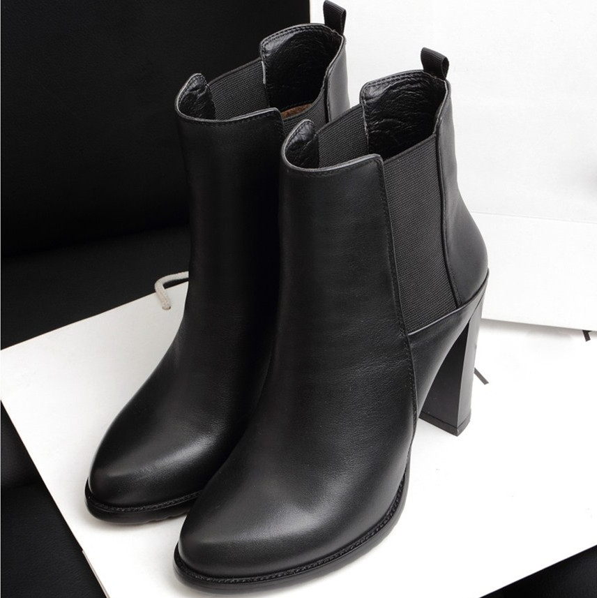 2014新款欧美真皮粗跟短靴潮流高跟低筒女靴ol气质舒适圆尖头单靴