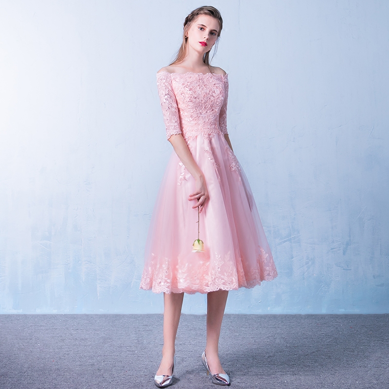伴娘服中长款2016新款粉色一字肩主持人礼服年会宴会晚礼服显瘦女