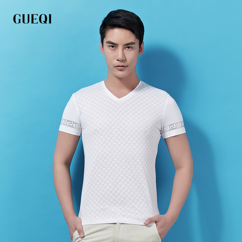 GUEQI 2015夏新款男士英伦国际范超透气T恤V领高端免烫短袖上衣潮
