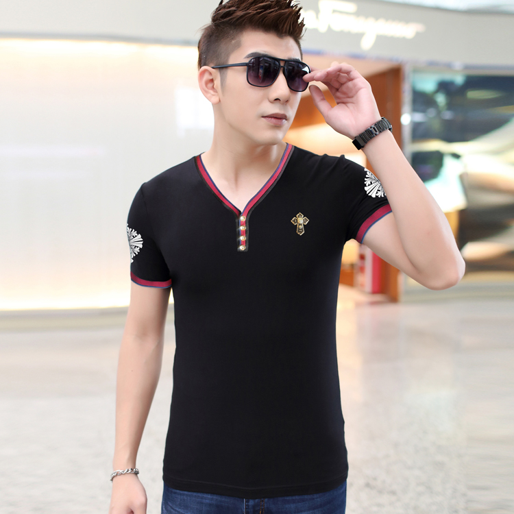 夏季男装t恤韩版男士短袖t恤衫新款V领T青少年男士体恤纯棉打底衫