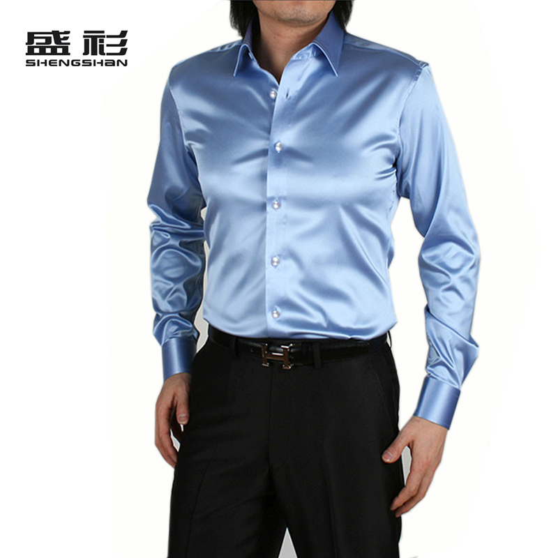 浅蓝色男装韩版修身长袖衬衫时尚潮流仿绸缎真丝纯色 专柜正品