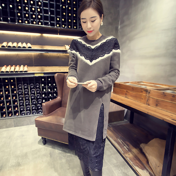2015冬季新款韩版圆领长袖蕾丝拼接中长款套头卫衣 女
