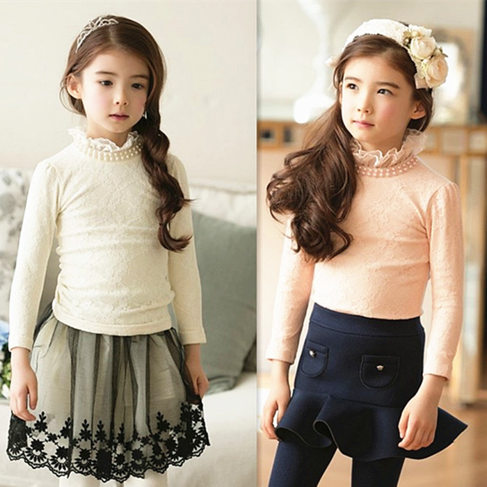 2015新款秋款儿童装女童韩版蕾丝立领钉珠长袖上衣T恤纯棉打底衫