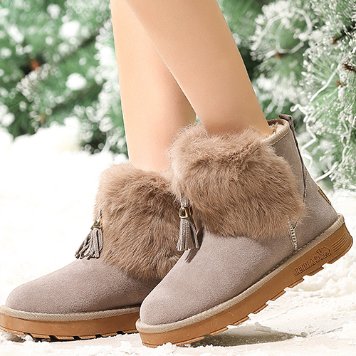 骆驼雪地靴 2015秋冬新款短筒女鞋 加绒保暖兔毛真皮圆头平跟短靴