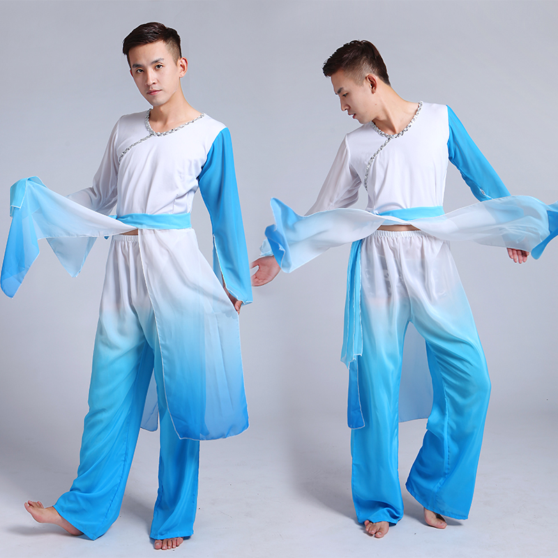古典演出服装/短袖男装古典舞民族cos服水墨色蓝色男装水墨舞蹈服