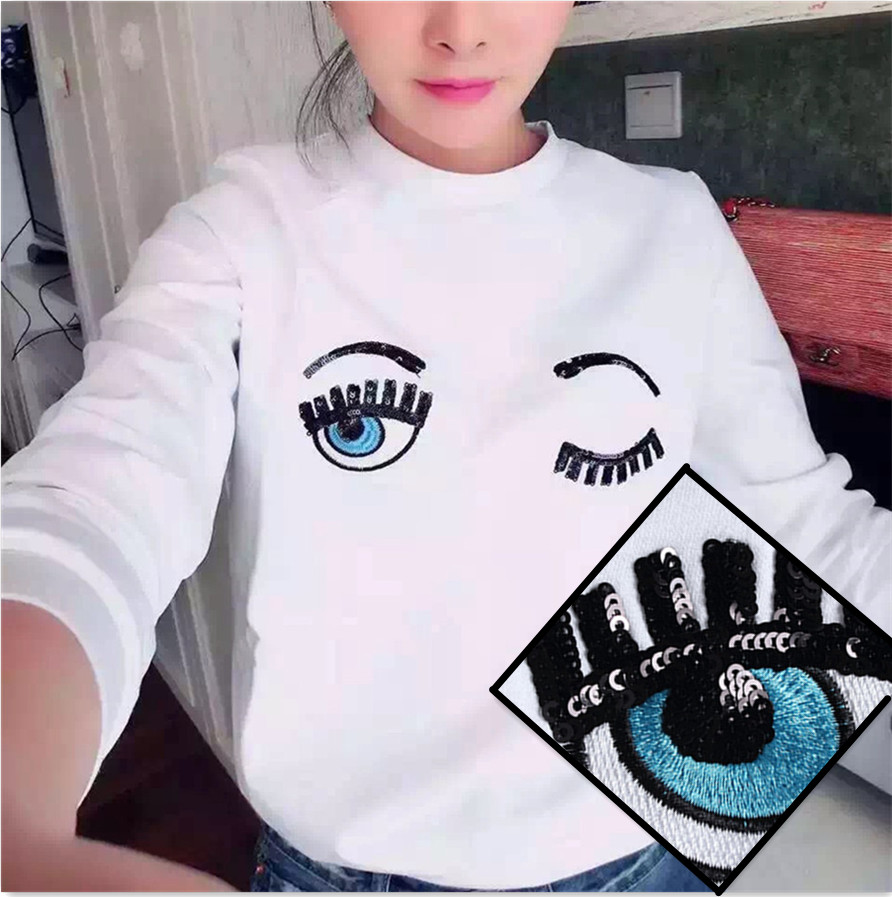 2015秋季韩版女装时尚个性潮牌眼睛睫毛绣花亮片长袖套头卫衣