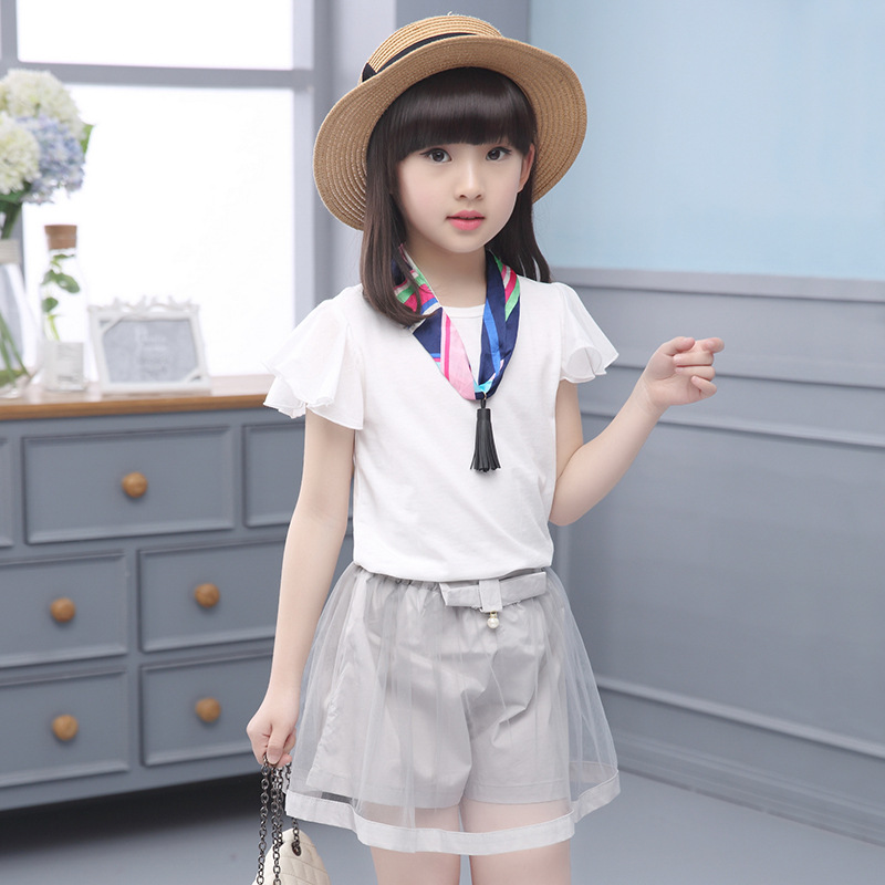 16夏季女童新款韩版休闲棉类两件套10岁儿童公主裙套装加送领巾0