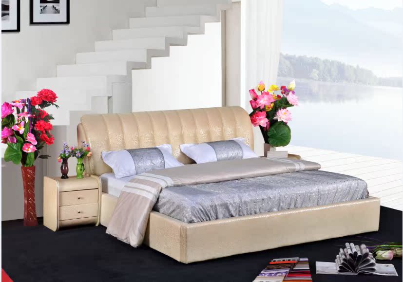 皮艺欧式床1.8米 软体双人皮床榻榻米 婚床 实木真皮小户型大软床