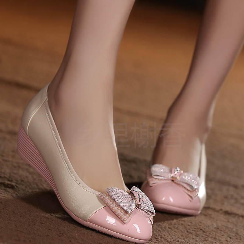 2015春秋韩版圆头水钻蝴蝶结平底鞋单鞋中跟坡跟浅口工作皮鞋女鞋
