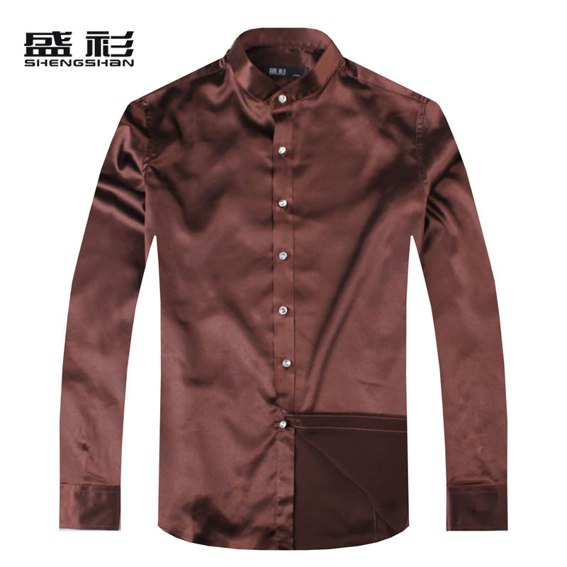 2015专柜新款纯色绸缎仿真丝男士立领长袖咖啡色衬衫商务休闲衬衣