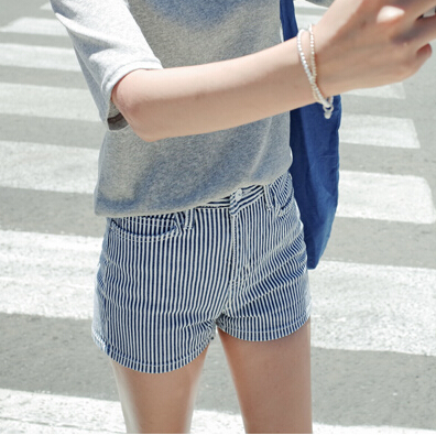 细条纹时尚直筒休闲短裤Cherrykoko韩国代购2015夏季修身显瘦女裤