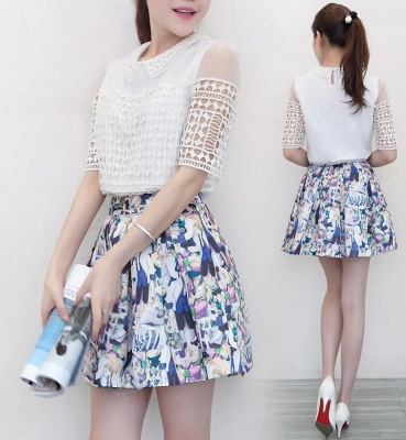 2015夏季新款韩版女装两件套连衣裙翻领裙套装短袖名媛蕾丝套裙女