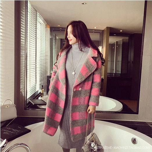 冬装新款韩范粉色格子显瘦中长款毛呢大衣女外套2015韩版修身时尚