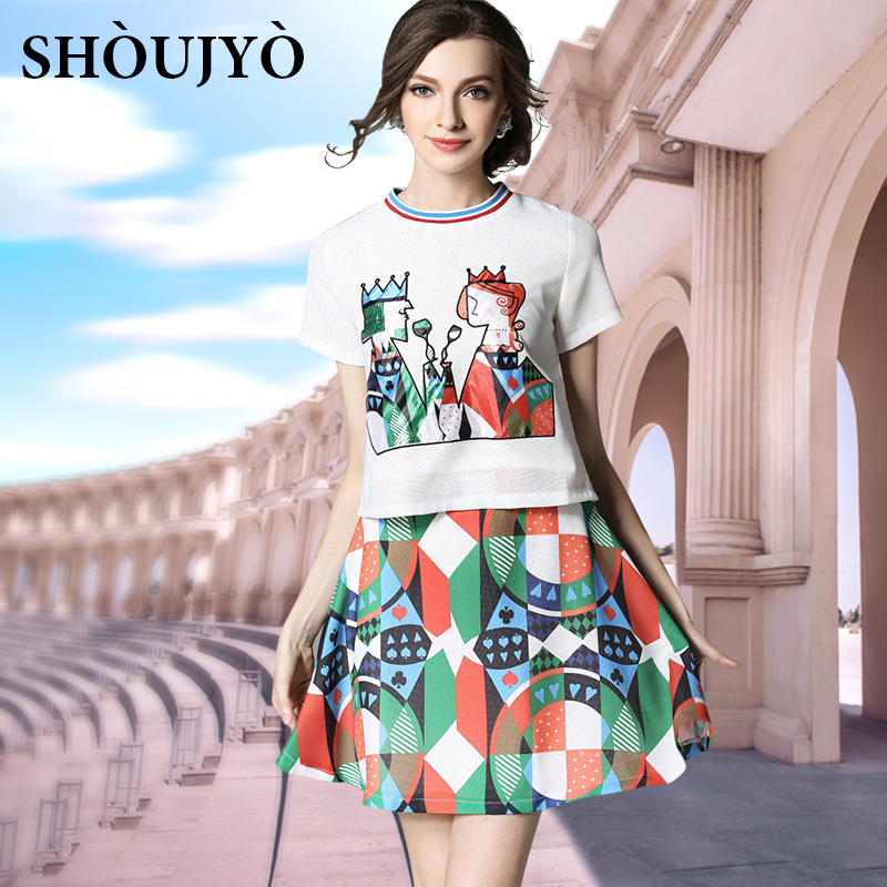 SHoujyo2016夏季新款欧美人物印花两件套短袖A字裙修身连衣裙套装