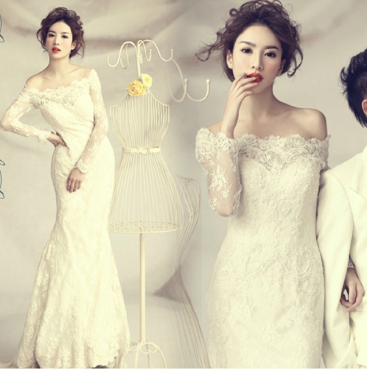 一字肩拖尾婚纱韩版新款2015冬季时尚新娘 长袖拖尾绑带结婚婚纱