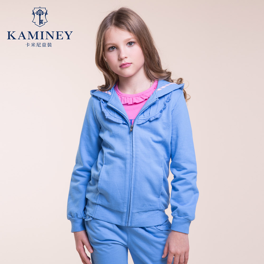 卡米尼童装2016春装新款女童纯棉外套中大儿童纯色连帽拉链运动服