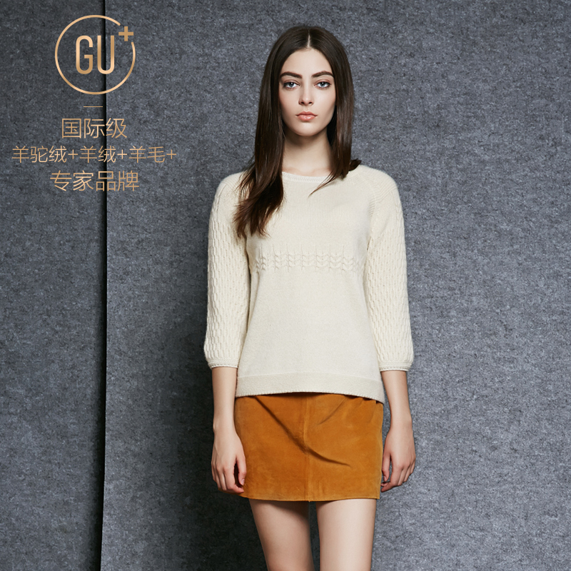 GU+2015秋季女士新款七分袖纯色圆领毛衣 山羊绒羊驼绒衫 宽松