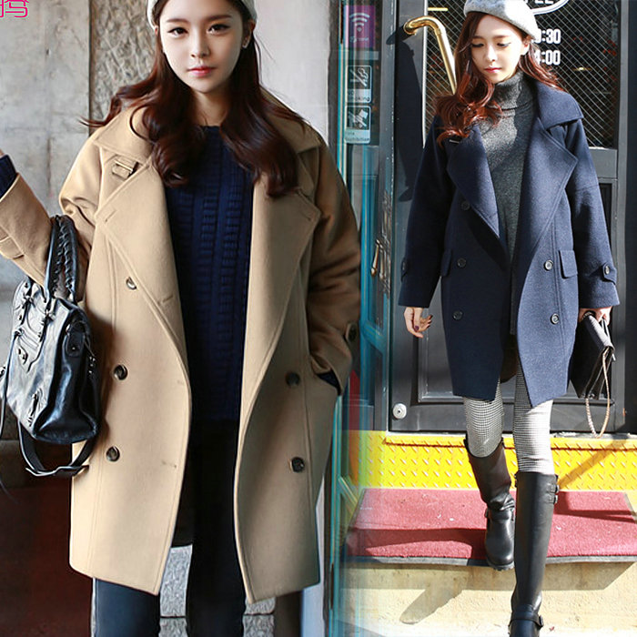 2015秋冬新款韩版中长款双排扣毛呢外套女韩国学院风修身呢子大衣