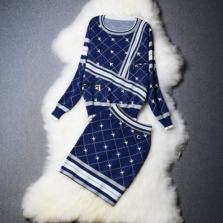 2016林允欧美女装明星同款秋季新品撞色针织毛衣+短裙时尚套装