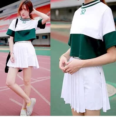 2015夏季韩版学院风运动休闲棒球服绣花不规则百褶短裙 裙裤套装