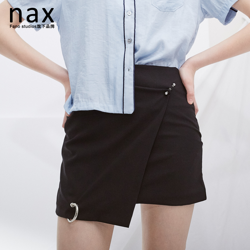 nax2016夏季新款高腰不规则金属圆环黑色半身裙a字裙女短裙包臀