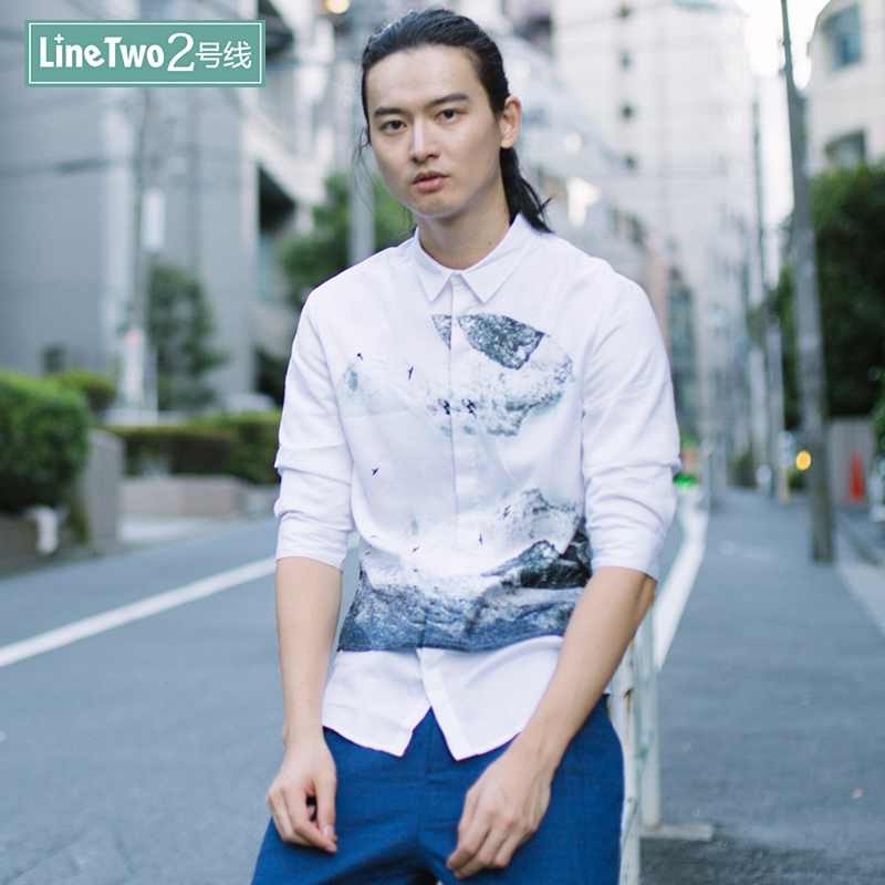 【清仓】中国风男士印花衬衫修身长袖衬衣复古潮假两件花衬衫