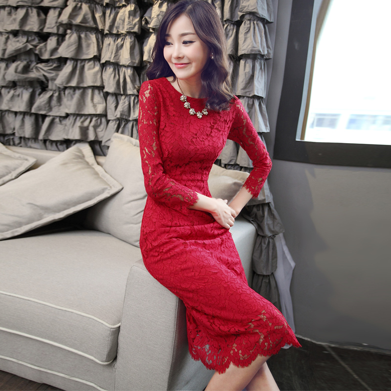 2015春装新款钩花镂空蕾丝拼接连衣裙高腰红色长袖长裙蕾丝长裙
