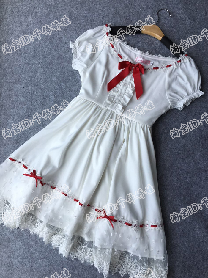 包邮【现货】日系可爱软妹少女感红色抽带蕾丝纯白连衣裙