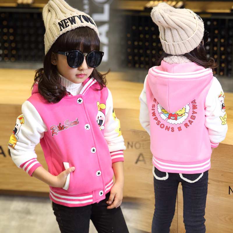 新款韩版女童装加厚加绒上衣中大童秋冬季潮范连帽运动外套棒球服