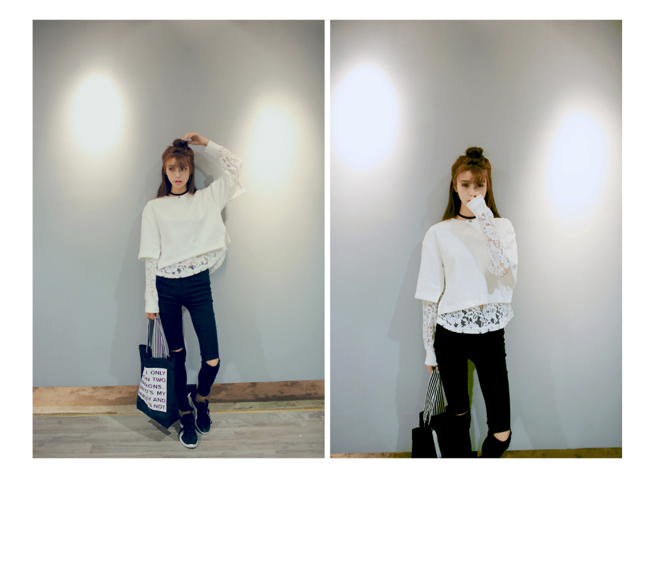 2015春秋新款韩版女装潮款拼接长袖蕾丝假两件修身短款套头卫衣