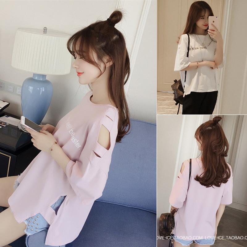 HSA10A-8448夏季韩国新款时尚百搭宽松字母纯色破洞短袖T恤女装潮