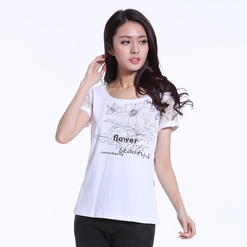 2015夏装新款大码修显瘦身蕾丝拼接印花短袖白色圆领T恤 女 韩版