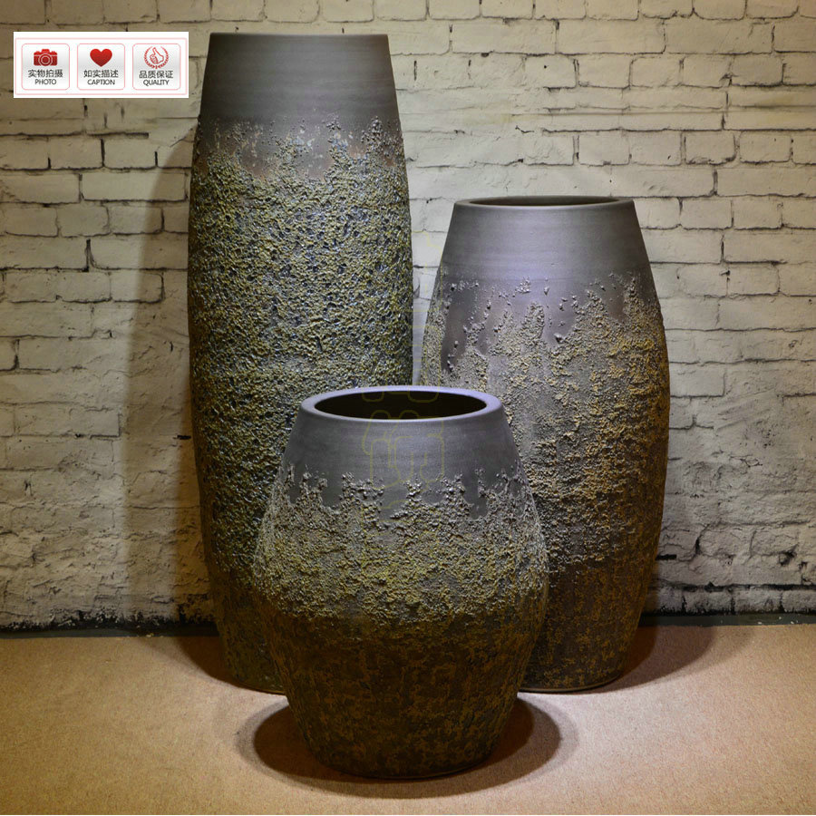 热销景观陶罐花瓶三件套仿古做旧花器软装饰品粗陶瓷个性摆件超值