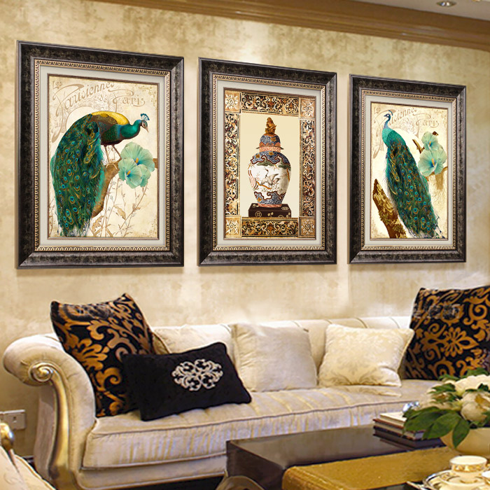 欧式美式现代客厅装饰画油画三联画壁画挂画沙发背景墙画平安孔雀