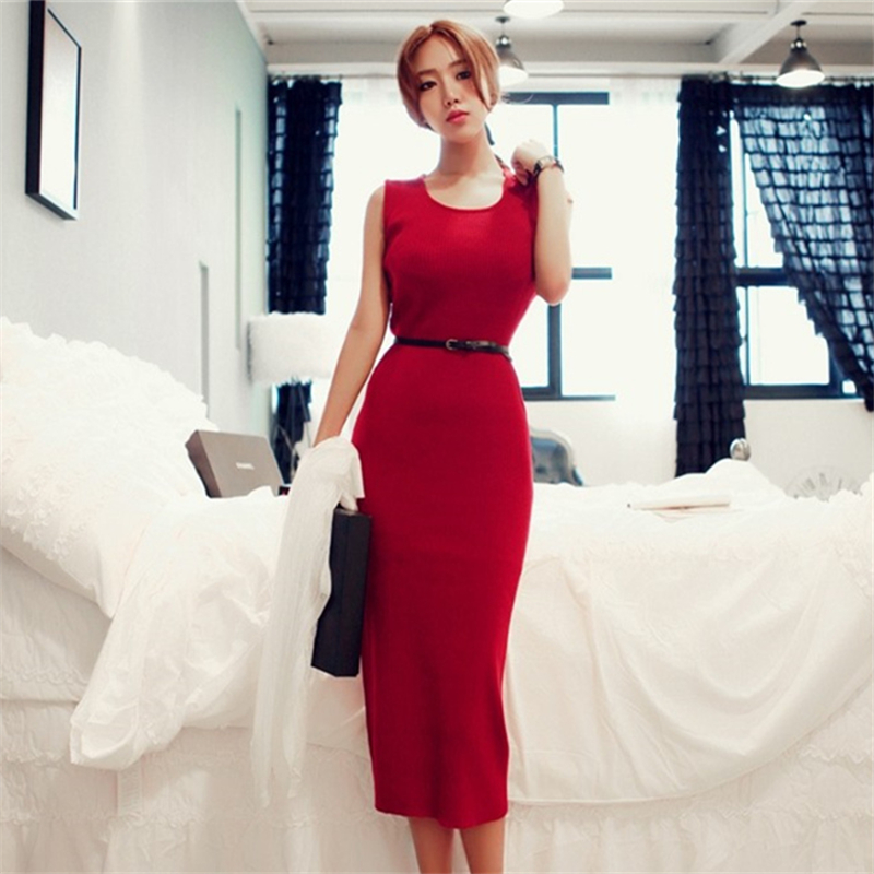 2015夏季职业韩国代购新品女装性感修身包臀大红色无袖连衣裙长裙