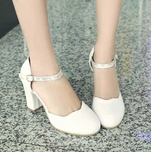 2015春季新款韩版甜美女鞋浅口粗跟高跟通勤鞋圆头一字式扣带单鞋