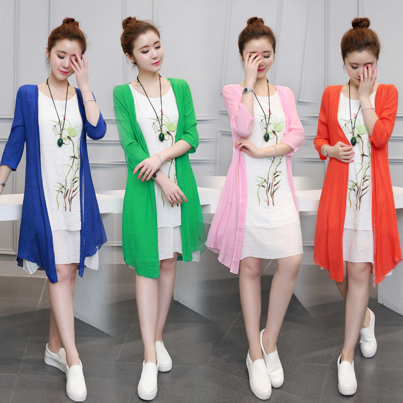 2016夏秋新款大码女装中国风印花棉麻连衣裙两件套民族风亚麻套装