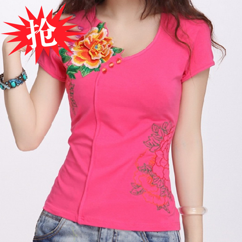 民族风女装2015夏装新款 中国风绣花短袖t恤女 刺绣大码修身上衣