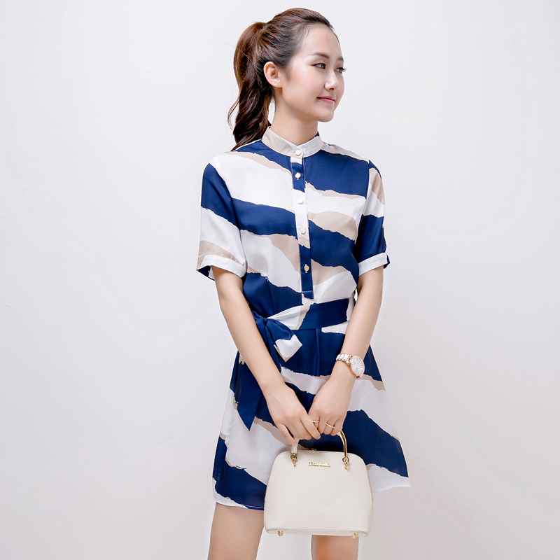 2015夏季名媛短袖短裙女新款韩版通勤女装修身立领雪纺条纹连衣裙