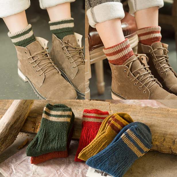 女士韩版堆堆袜子秋季毛线袜学生可爱中筒短靴棉袜学院风二杠袜子